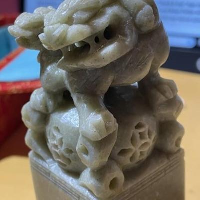 Vintage Heavy Chinese Carved Soapstone Artwork Ink Stamp Larger Size as Pictured.