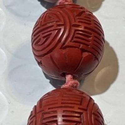 Vintage Chinese 26" Carved Cinnabar Bead Necklace Preowned from an Estate as Pictured. May Need Restringing.