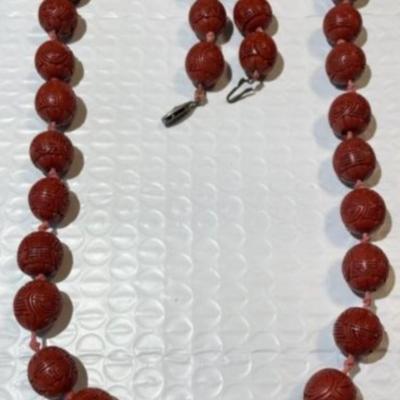 Vintage Chinese 26" Carved Cinnabar Bead Necklace Preowned from an Estate as Pictured. May Need Restringing.