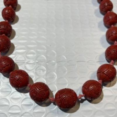 Vintage Chinese 26" Carved Cinnabar Bead Necklace Preowned from an Estate as Pictured. May Need Restringing.