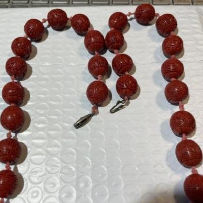 Vintage Chinese 26" Carved Cinnabar Bead Necklace Preowned from an Estate as Pictured. May Need Restringing.