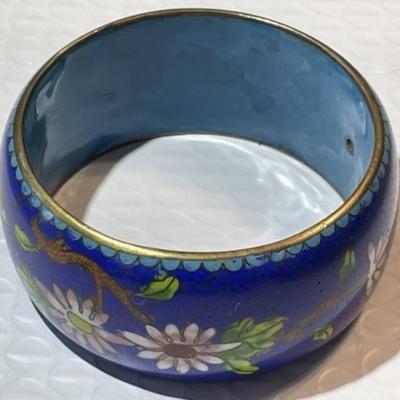 Vintage Asian Large 1.25" Wide Cloisonne Enameled Bangle Bracelet Standard Size w/Flowers Leaves in Good Preowned Condition.
