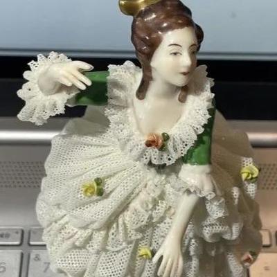 Vintage Made in Germany Porcelain Dresden Lace Woman Dress Figurine 6" Tall in VG Preowned Condition.