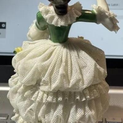 Vintage Made in Germany Porcelain Dresden Lace Woman Dress Figurine 6" Tall in VG Preowned Condition.