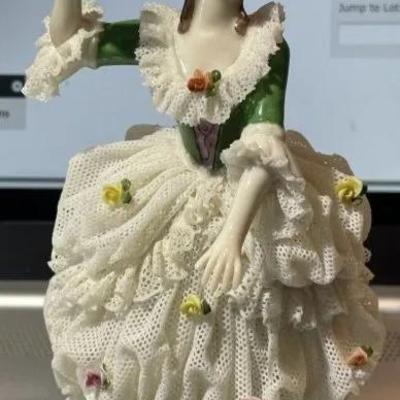 Vintage Made in Germany Porcelain Dresden Lace Woman Dress Figurine 6" Tall in VG Preowned Condition.