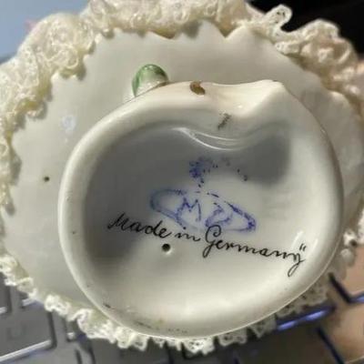 Vintage Made in Germany Porcelain Dresden Lace Woman Dress Figurine 6" Tall in VG Preowned Condition.