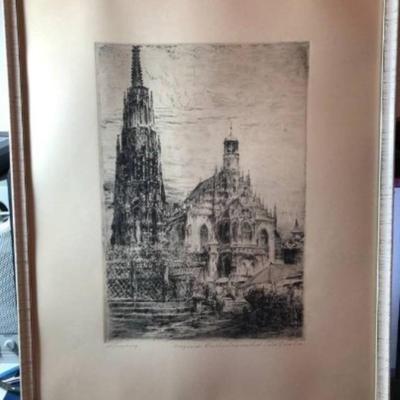 Paul Geissler Original Etching Print, Frame Size 12.75" x 16" Original Radierung Hand Pencil Signed Preowned from an Estate.