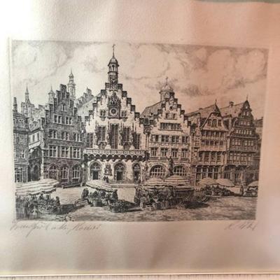 Germany Frankfurt Original Etching Print, Frame Size 12.75" x 16" Hand Pencil Signed Preowned from an Estate.