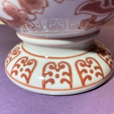 Vintage Asian Hand Painted Porcelain Double Handled Coral Colored 8" Tall Heavy Vase Preowned from an Estate in Good Condition.