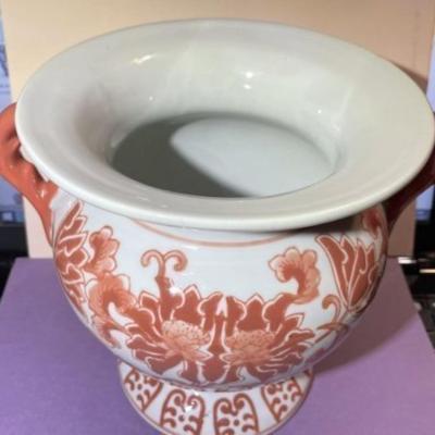 Vintage Asian Hand Painted Porcelain Double Handled Coral Colored 8" Tall Heavy Vase Preowned from an Estate in Good Condition.