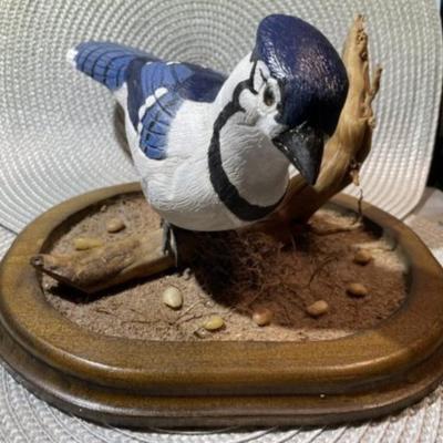 Hand Carved & Hand Painted Signed by Artist BLUEJAY Wooden Bird on Driftwood with Custom Made Base Bird & Base are 9.5" Long...