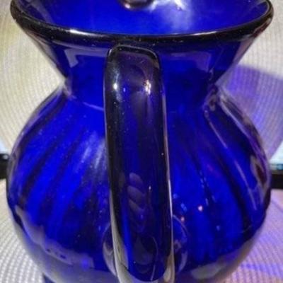 Vintage Large Hand-Blown Cobalt Blue Swirl Art Glass Pitcher 9" Tall Gallon Size in VG Preowned Condition.