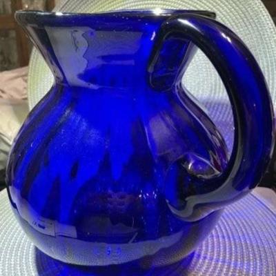 Vintage Large Hand-Blown Cobalt Blue Swirl Art Glass Pitcher 9" Tall Gallon Size in VG Preowned Condition.