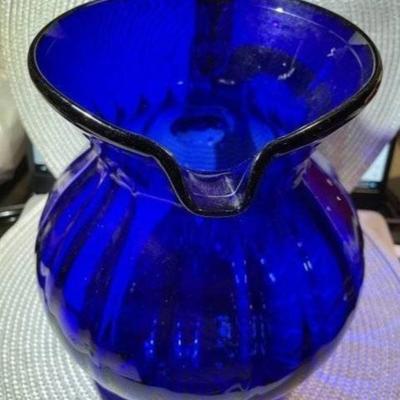 Vintage Large Hand-Blown Cobalt Blue Swirl Art Glass Pitcher 9" Tall Gallon Size in VG Preowned Condition.