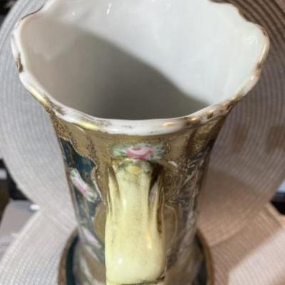 Antique Victorian Era Decorated Tankard/Pitcher Unmarked Base 13.5" Tall in Good Preowned Condition.