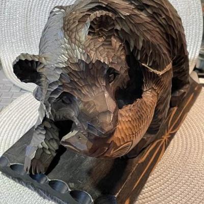 Vintage Japanese Arts & Crafts Hand Carved Bear Figure Signed from Hokkaido Japan (11.5" Long x 6,5" Tall BASE) in VG...