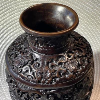 Vintage Chinese Black/Brown Carved Cinnabar 8.5" Tall Dragon Vase w/Wooden Stand in VG Preowned Condition.