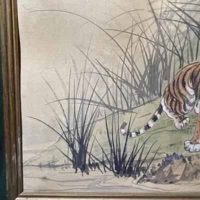 Vintage Asian Tiger Watercolor on a Silk Coated Painting Frame Size 11" x 13.25" Preowned from an Estate.