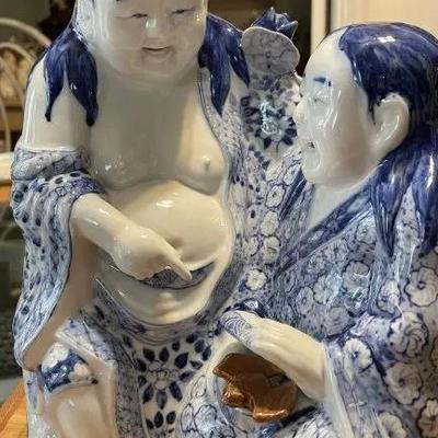 Vintage Chinese Blue & White Immortal Hehe Porcelain Figurine 10.75" Tall & 8" Wide in VG Preowned Condition from an...