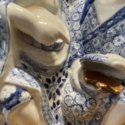 Vintage Chinese Blue & White Immortal Hehe Porcelain Figurine 10.75" Tall & 8" Wide in VG Preowned Condition from an...