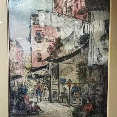 Vintage NAPOLI Artist Signed Silkscreen Lithograph Frame Size 14.5" x 18" in Good Preowned Condition.