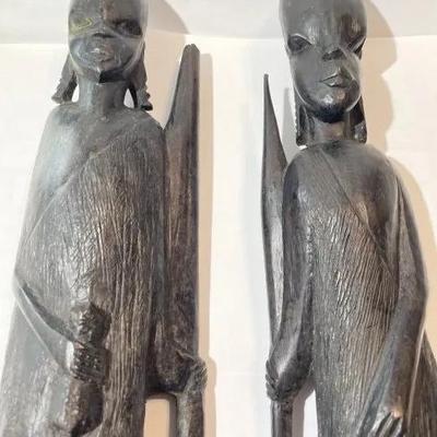 Vintage African Hand Carved EBONY Figurines 15" & 15.50" Tall Made in Kenya Preowned from an Estate.