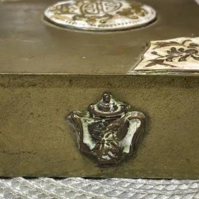 Vintage/Antique CHINESE Solid Brass Hinged Trinket Box Wooden Lined Interior 3.25" x 4.75" x 1-3/8" in Good Preowned...