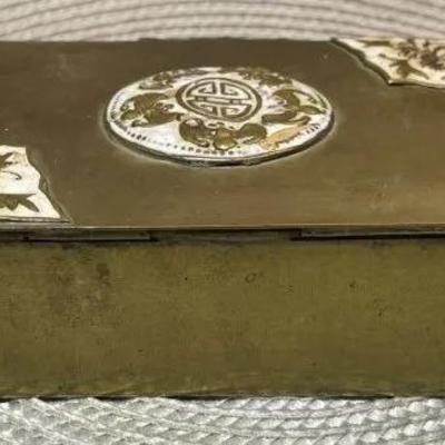 Vintage/Antique CHINESE Solid Brass Hinged Trinket Box Wooden Lined Interior 3.25" x 4.75" x 1-3/8" in Good Preowned...