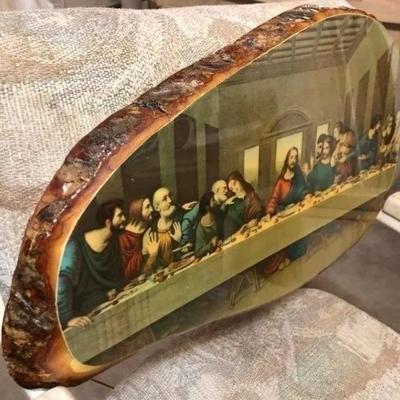 The Last Supper Large Size 12" x 21" on a Wooden Tree Slab Made in USA as Pictured.