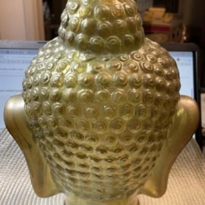 Vintage Mid-Century Large Gold Mist Glass Buddha Head Bust 11.5" Tall in VG Preowned Condition.