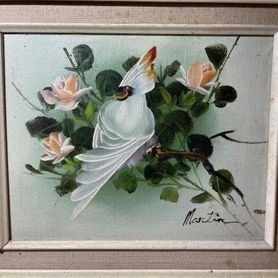 Vintage Signed Martin Oil on Artist Board 15" x 17" Bird Scene in a Light Green & Creme Colored All Wooden Frame Preowned...
