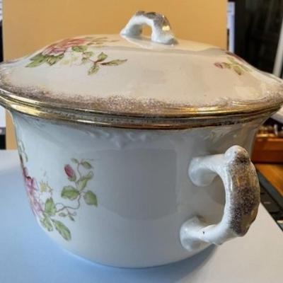 Vintage Early English Chamber Pot w/Lid 9" Diameter Preowned from an Estate as Pictured.