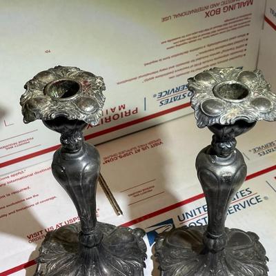 Antique 1800's Pair of Silver-Plated Candle Stick Holder 9.5" Tall in Fair-Good Preowned Condition.