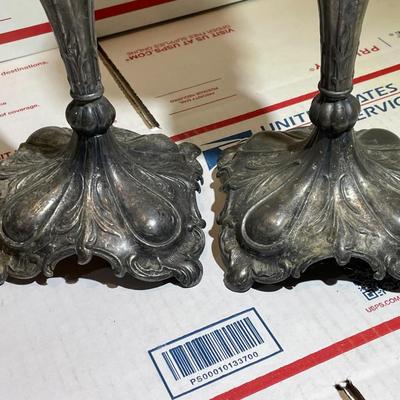 Antique 1800's Pair of Silver-Plated Candle Stick Holder 9.5" Tall in Fair-Good Preowned Condition.