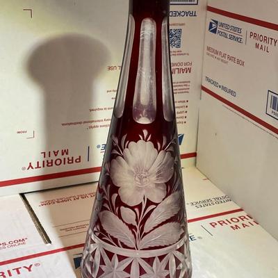 Vintage Etched Leaded Ruby & Clear Glass Crystal Decanter 12" Tall in Good Condition Needs Stopper.