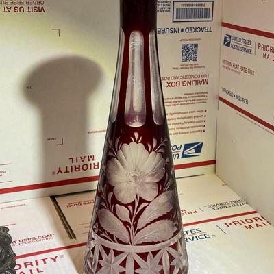Vintage Etched Leaded Ruby & Clear Glass Crystal Decanter 12" Tall in Good Condition Needs Stopper.