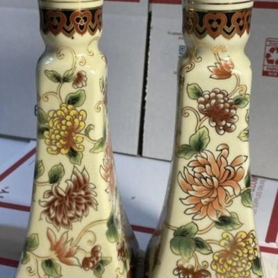 Asian Pair of Ceramic Candle Holders 8.75" Tall in Good Preowned Condition as Pictured.