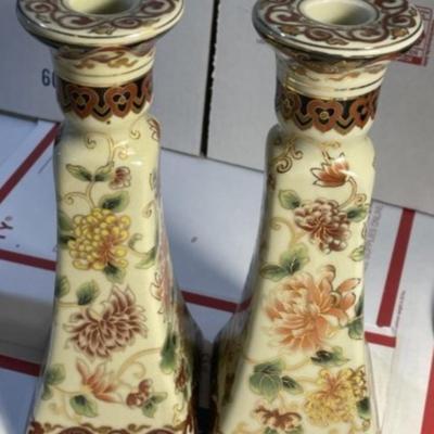 Asian Pair of Ceramic Candle Holders 8.75" Tall in Good Preowned Condition as Pictured.