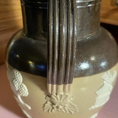 Edwardian Royal Doulton Stoneware Jug/Pitcher Molded Farming Scene, Ca 1905 in VG Preowned Condition 5.75" Tall.