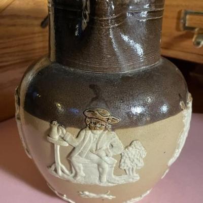 Edwardian Royal Doulton Stoneware Jug/Pitcher Molded Farming Scene, Ca 1905 in VG Preowned Condition 5.75" Tall.