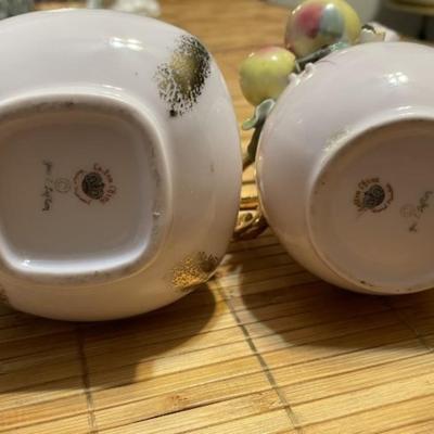 Vintage Lefton China Applied Fruit Pitcher 6" & Vase 5.5" Set Hand Signed by Geo Z. Lefton at the Base in VG Preowned...