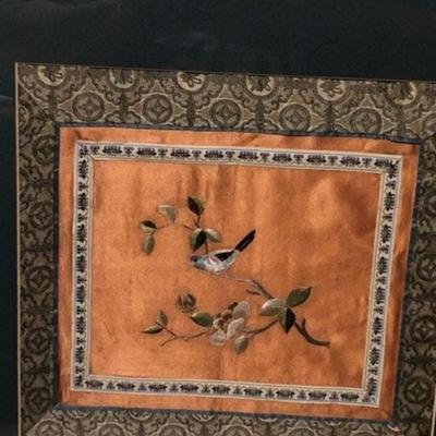 Vintage Asian Silk Tapestry Custom Frame Size 17-1/2in x 31in Preowned from an Estate. No Reserve Bid & No Buyers Premium.