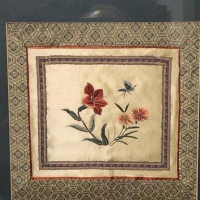 Vintage Asian Silk Tapestry Custom Frame Size 17-1/2in x 31in Preowned from an Estate. No Reserve Bid & No Buyers Premium.