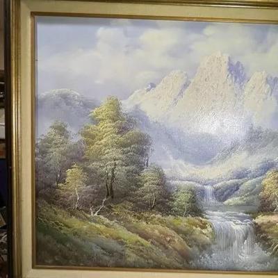 Large Mid-Century Oil/Acrylic on Canvas Landscape Scene Signed by PHILLIPS Frame Size 29" x 40.50" in Good Preowned Condition.
