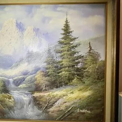 Large Mid-Century Oil/Acrylic on Canvas Landscape Scene Signed by PHILLIPS Frame Size 29" x 40.50" in Good Preowned Condition.