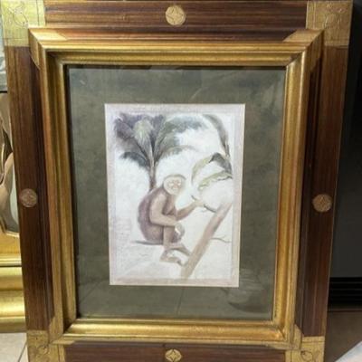 Vintage Monkey Print Mounted in a Heavy Wooden Custom Frame Size 23.5" x 28" in VG Preowned Condition.