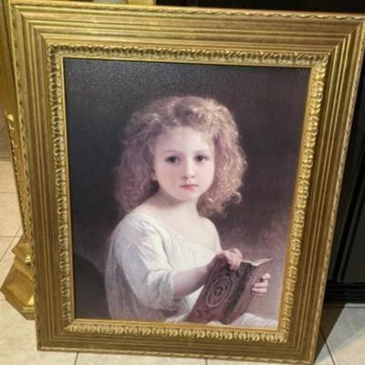 Vintage "The Storybook" Oil Painting Print on Canvas by Bouguereau Frame Size 25.25" x 30" in VG Preowned Condition.