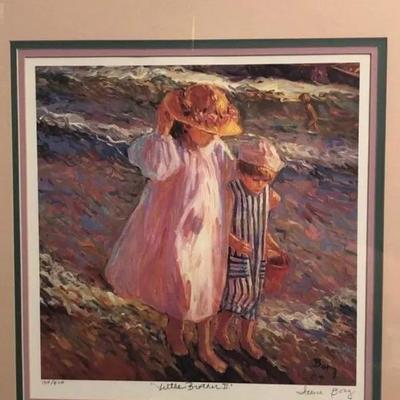 Irene Borg's Little Brother-II Signed & Numbered Lithograph 154/800 Framed 20.5" x 21.5" in Good Preowned Condition.
