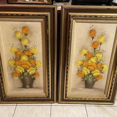 2-Mid Century Pair of Flower Still Life Oil/Acrylic on Canvas Paintings Signed by "ENGLISH" Artist 19.5" x 32" Tall...