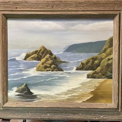 Vintage Oil on Artist Board Seascape c1960's by E. Hallett in a Home-Made Wooden Frame 22.5" x 26.5" Preowned from an Estate.